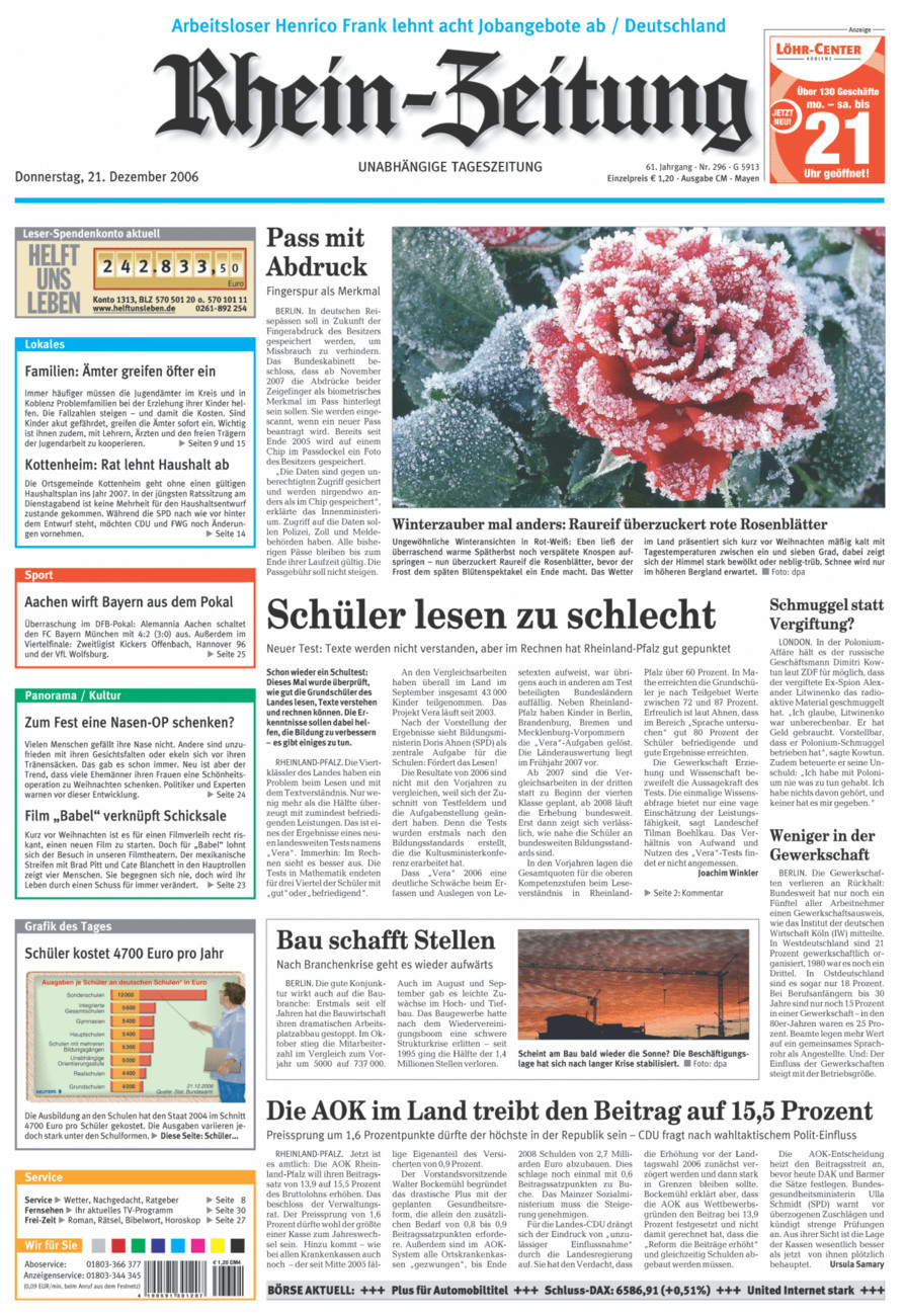 Rhein-Zeitung Andernach & Mayen vom Donnerstag, 21.12.2006
