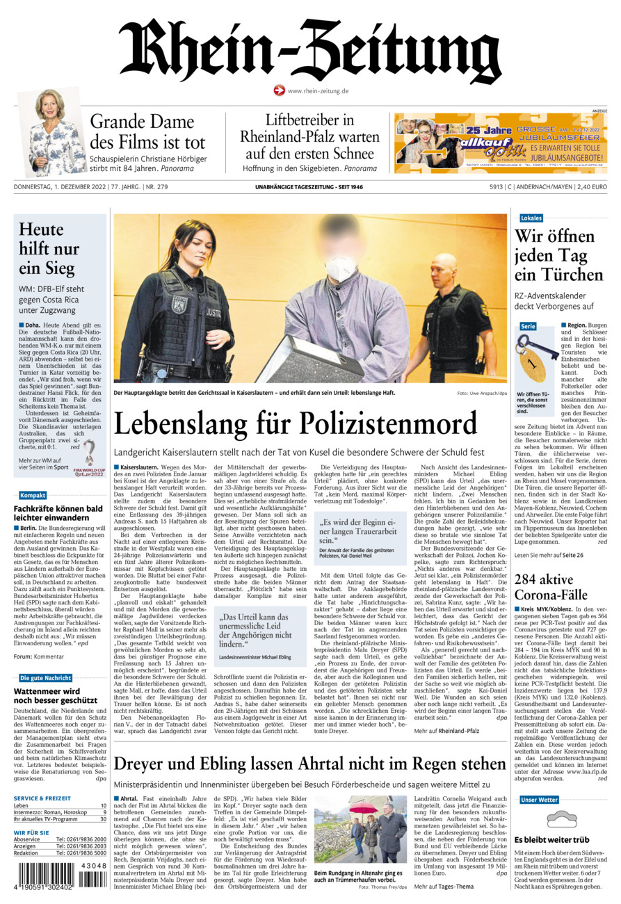 Rhein-Zeitung Andernach & Mayen vom Donnerstag, 01.12.2022