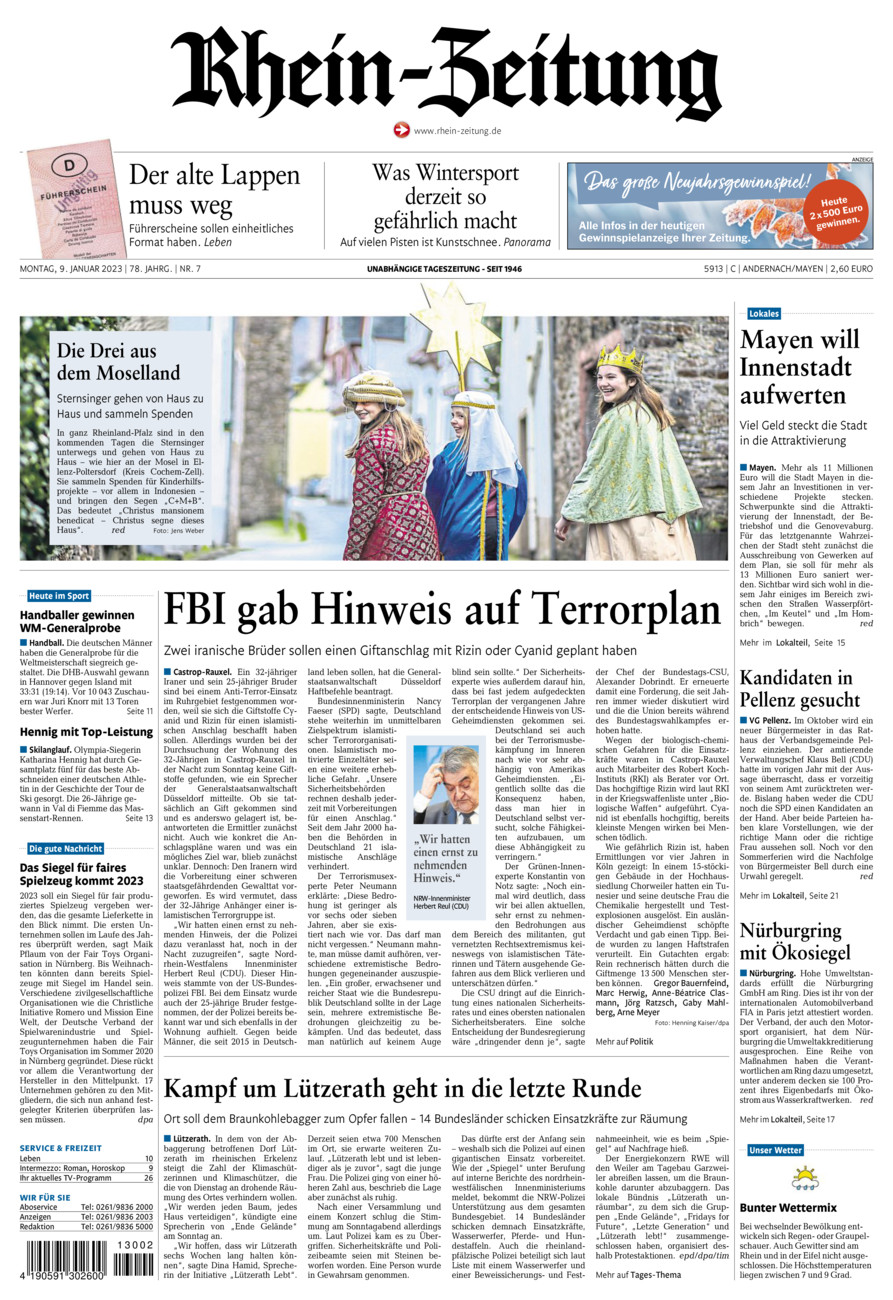 Rhein-Zeitung Andernach & Mayen vom Montag, 09.01.2023