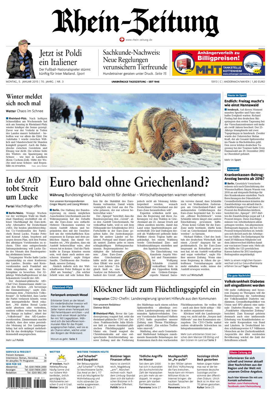 Rhein-Zeitung Andernach & Mayen vom Montag, 05.01.2015