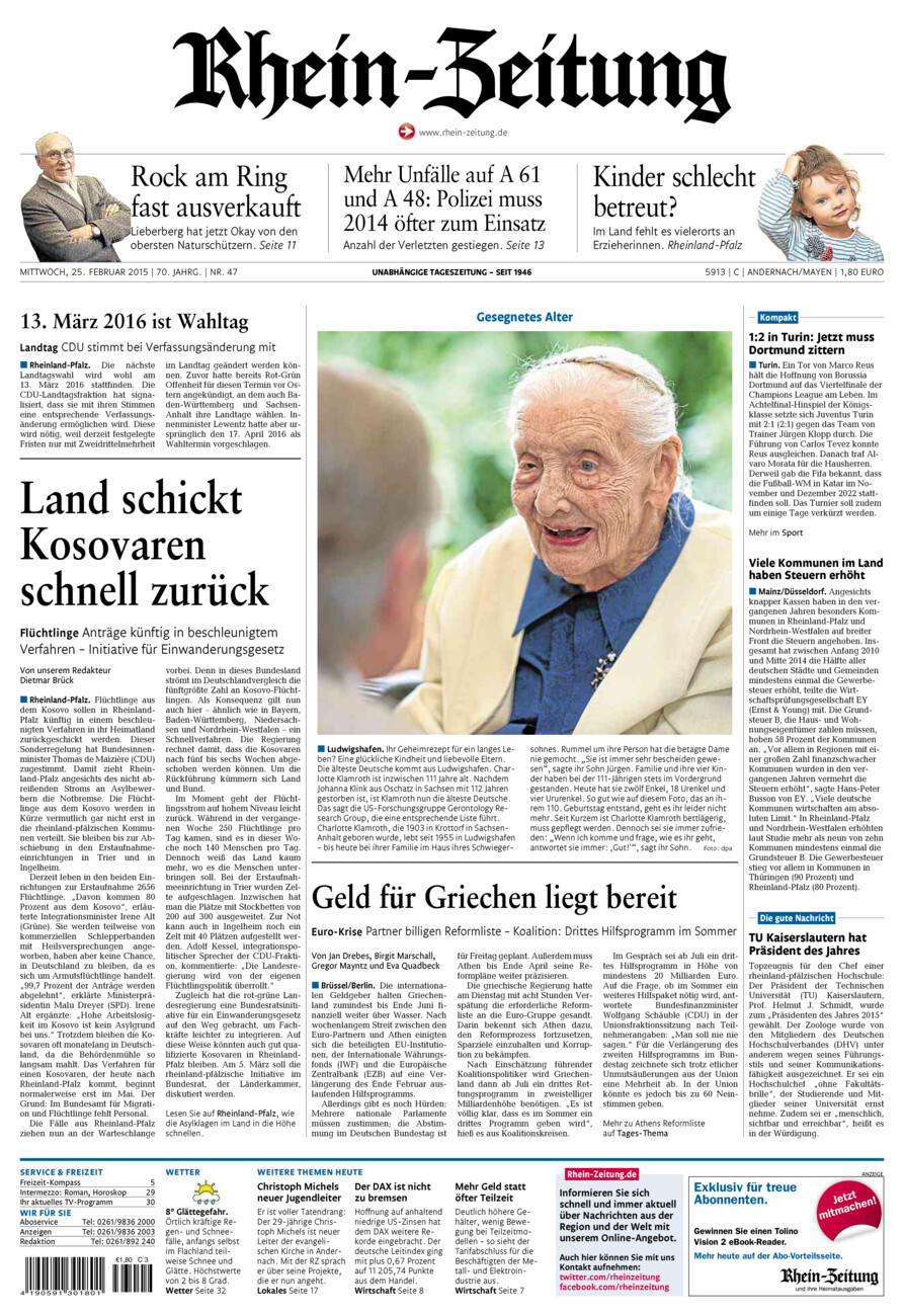 Rhein-Zeitung Andernach & Mayen vom Mittwoch, 25.02.2015