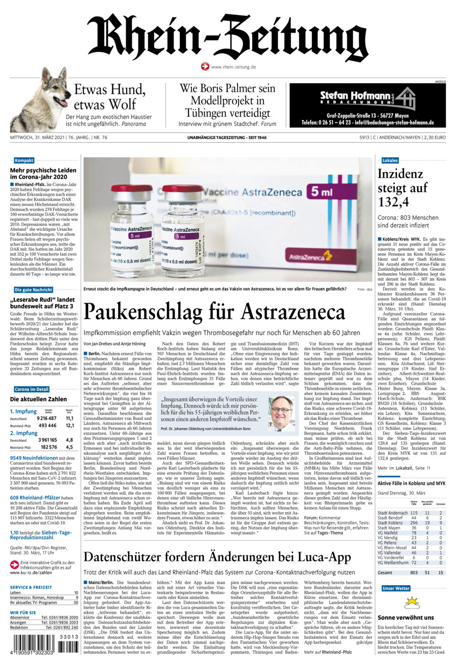 Rhein-Zeitung Andernach & Mayen vom Mittwoch, 31.03.2021