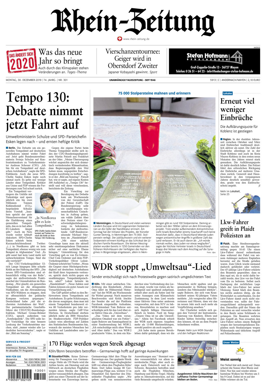 Rhein-Zeitung Andernach & Mayen vom Montag, 30.12.2019