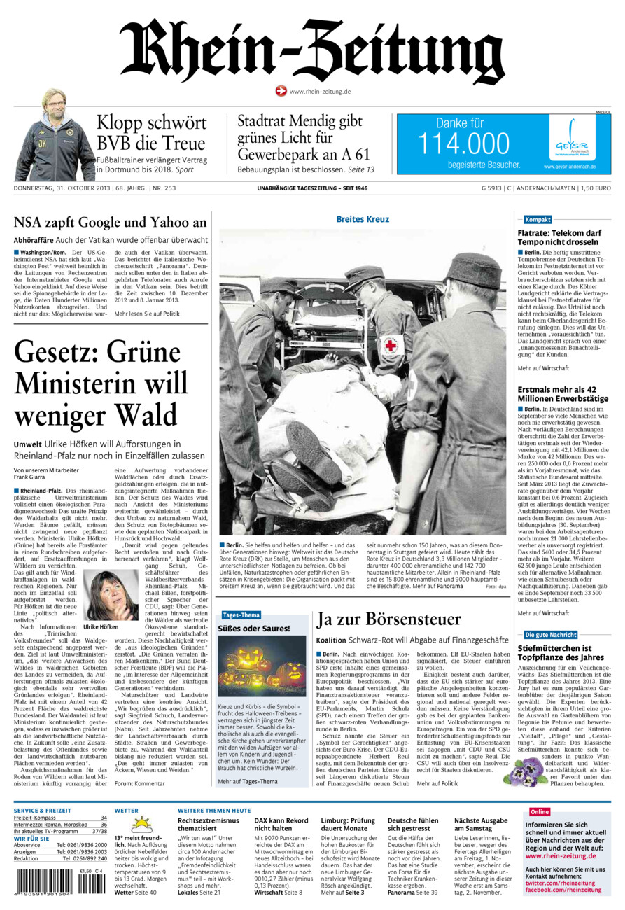Rhein-Zeitung Andernach & Mayen vom Donnerstag, 31.10.2013