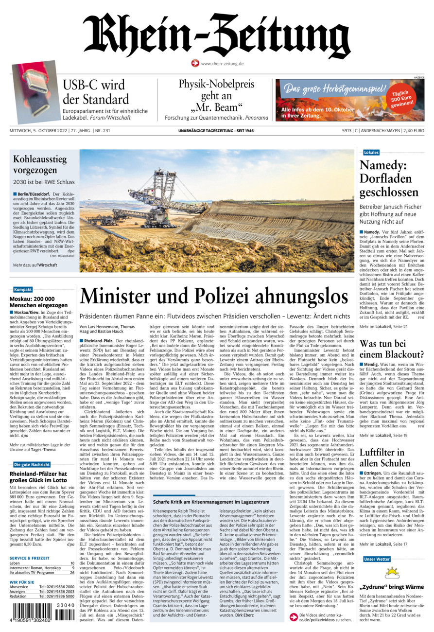 Rhein-Zeitung Andernach & Mayen vom Mittwoch, 05.10.2022