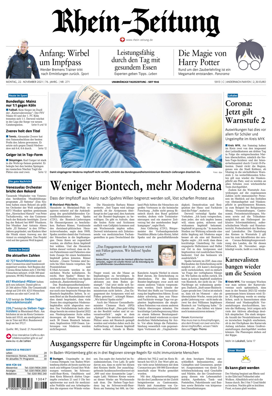 Rhein-Zeitung Andernach & Mayen vom Montag, 22.11.2021