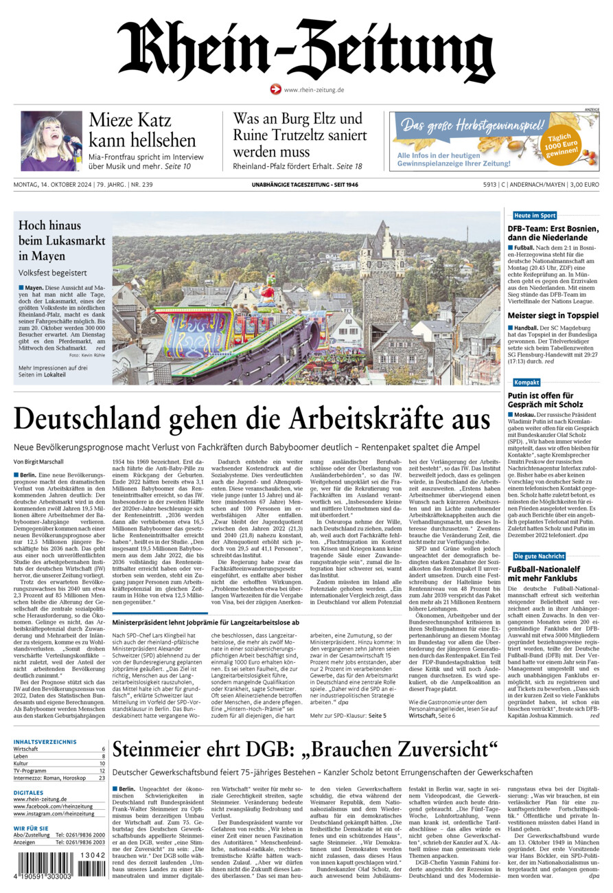 Rhein-Zeitung Andernach & Mayen vom Montag, 14.10.2024