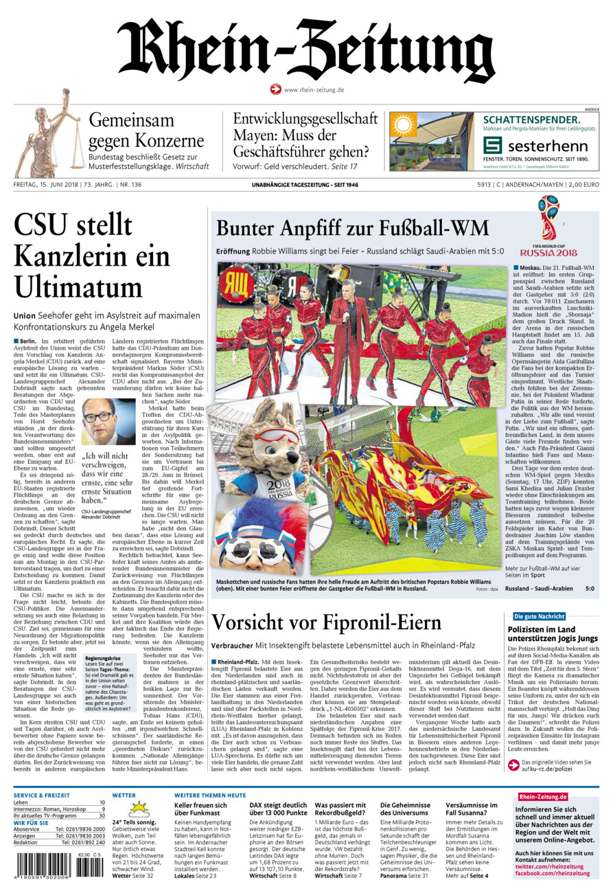 Rhein-Zeitung Andernach & Mayen vom Freitag, 15.06.2018