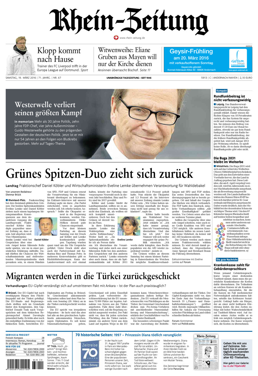 Rhein-Zeitung Andernach & Mayen vom Samstag, 19.03.2016