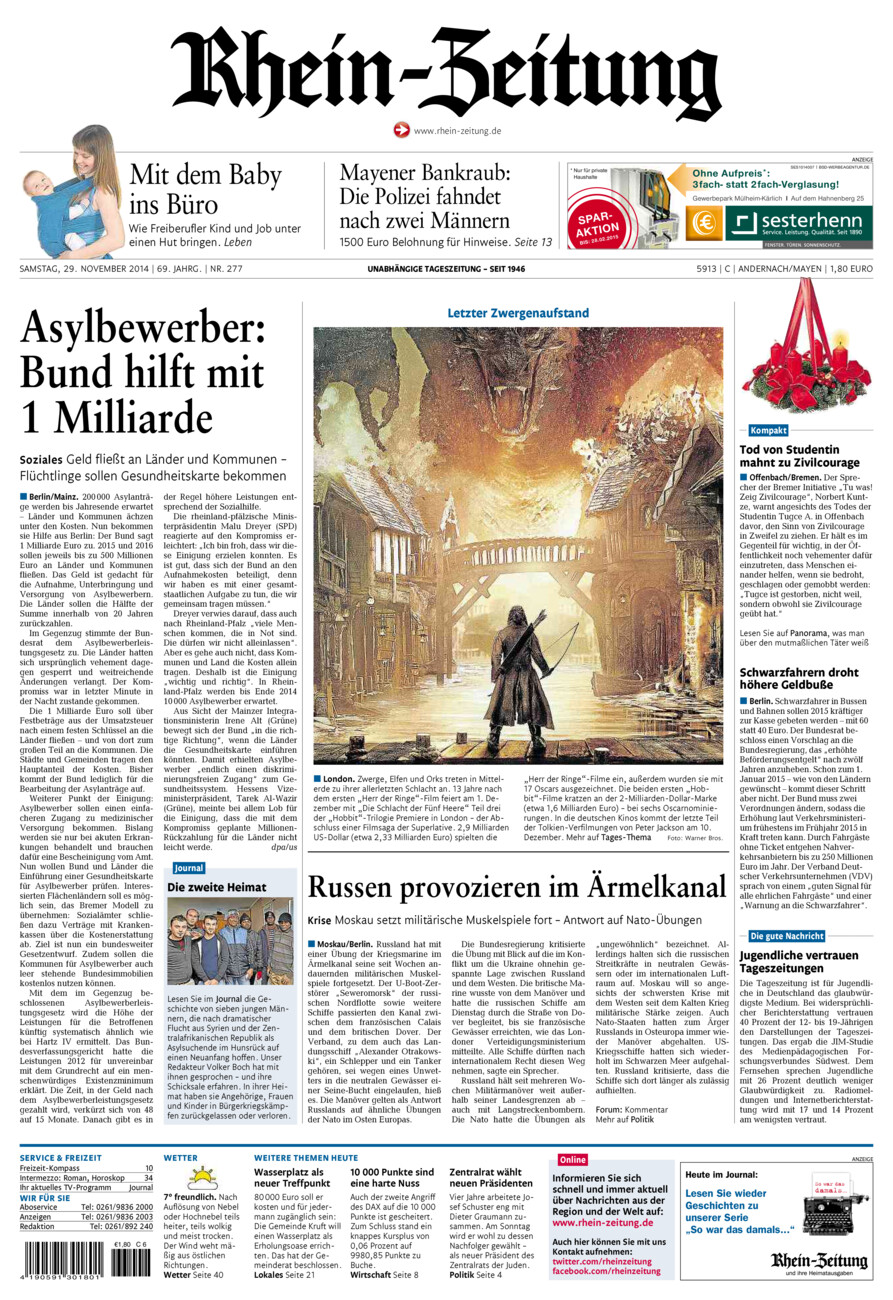 Rhein-Zeitung Andernach & Mayen vom Samstag, 29.11.2014