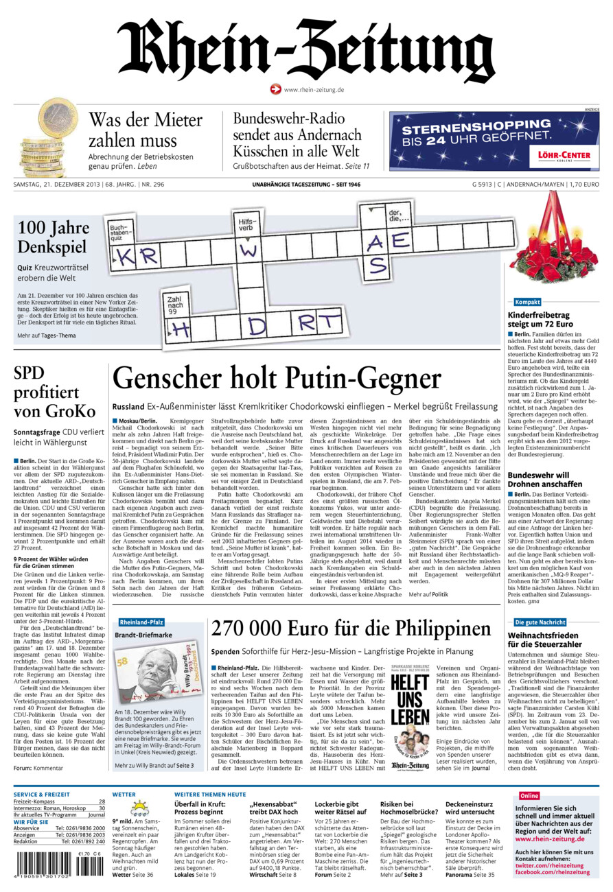 Rhein-Zeitung Andernach & Mayen vom Samstag, 21.12.2013