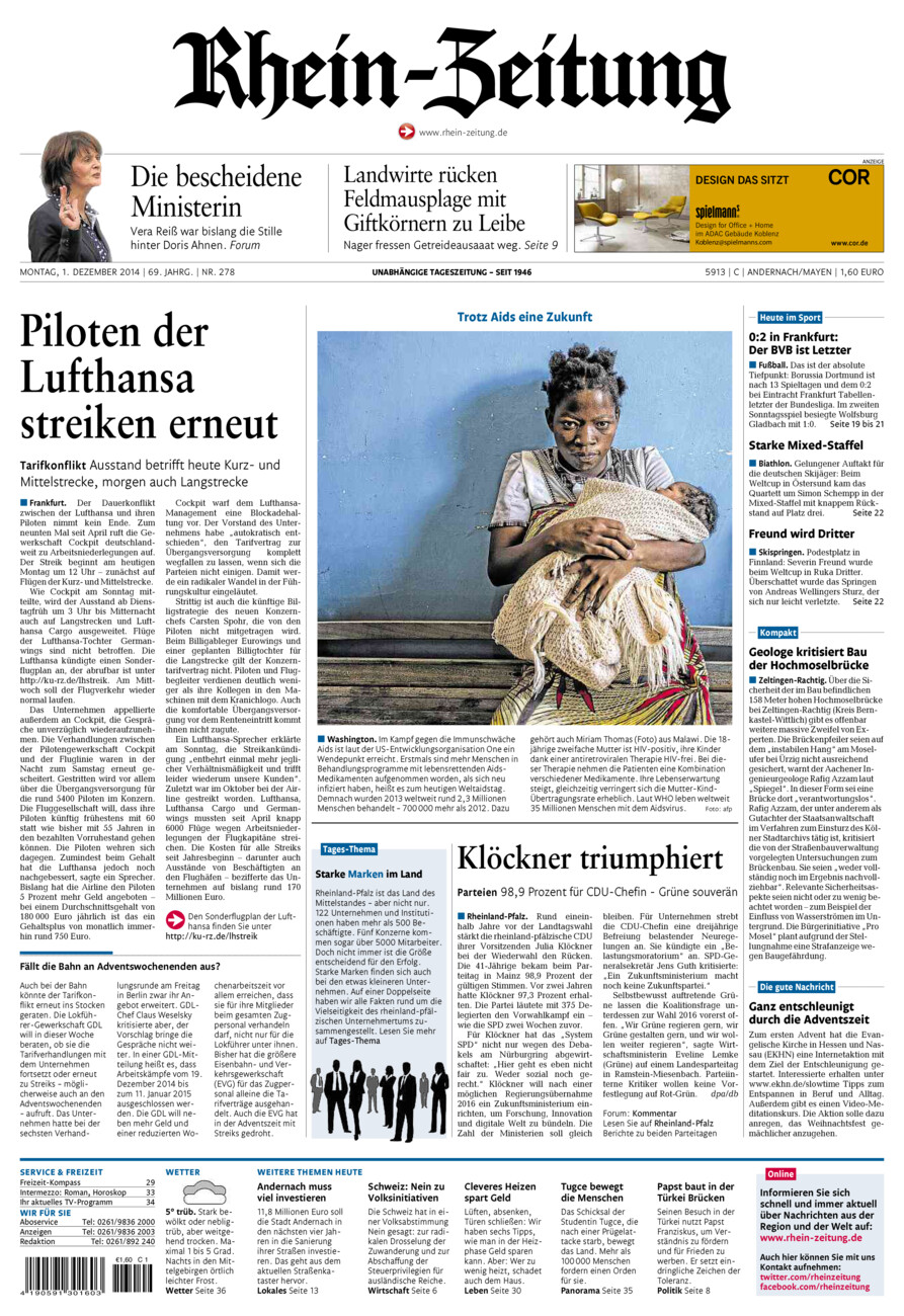 Rhein-Zeitung Andernach & Mayen vom Montag, 01.12.2014