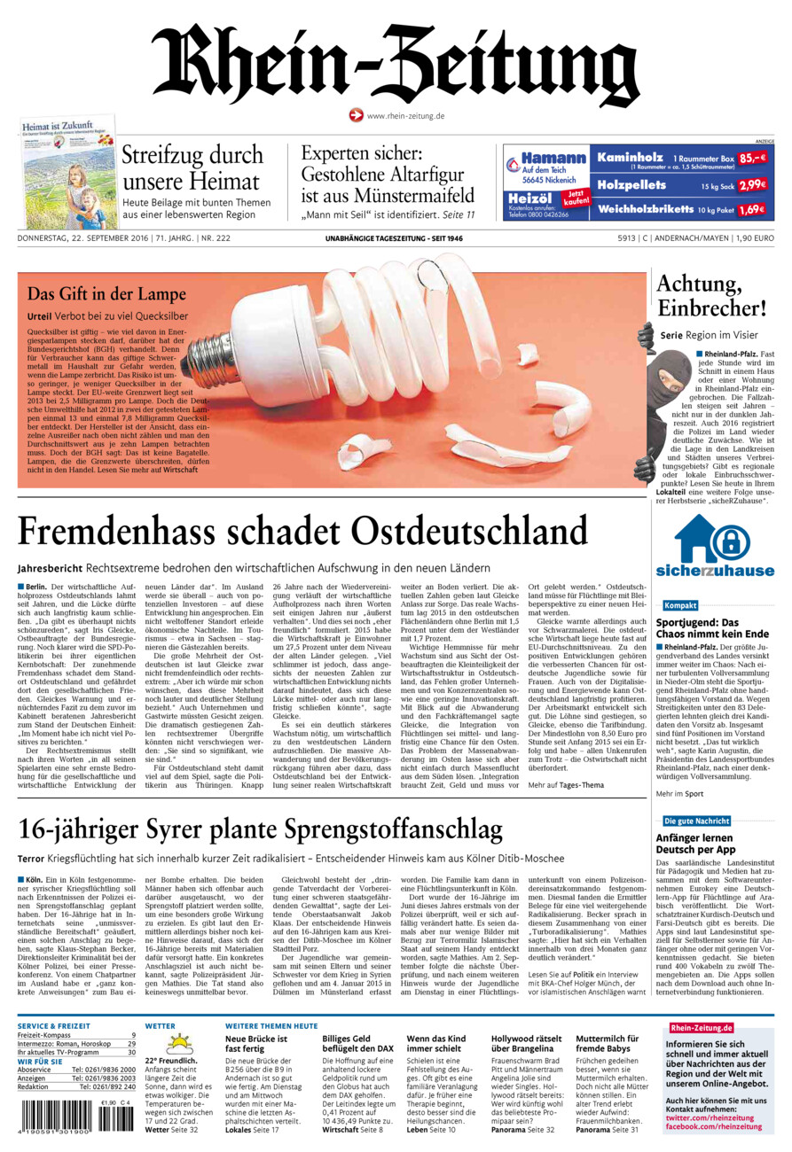 Rhein-Zeitung Andernach & Mayen vom Donnerstag, 22.09.2016