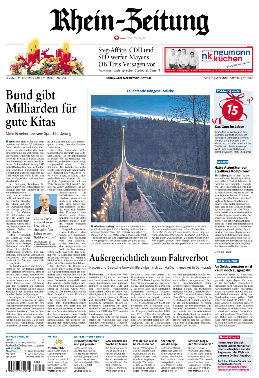 Rhein-Zeitung Andernach & Mayen vom Samstag, 15.12.2018