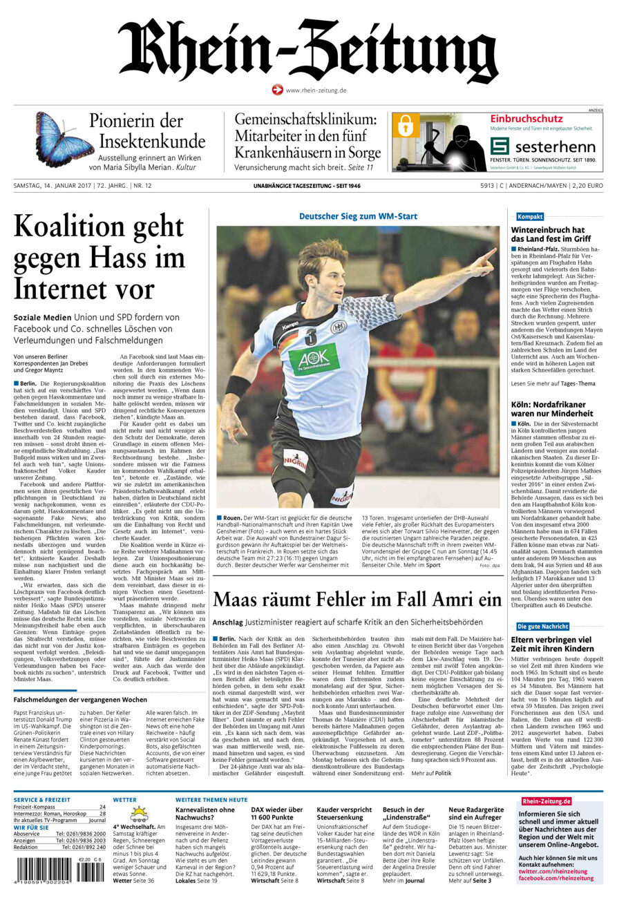 Rhein-Zeitung Andernach & Mayen vom Samstag, 14.01.2017