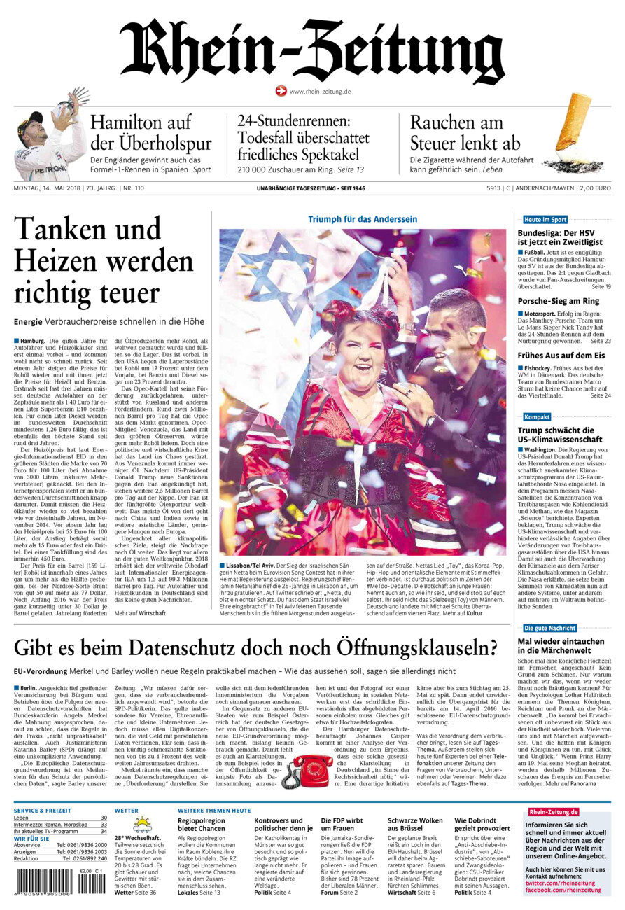 Rhein-Zeitung Andernach & Mayen vom Montag, 14.05.2018
