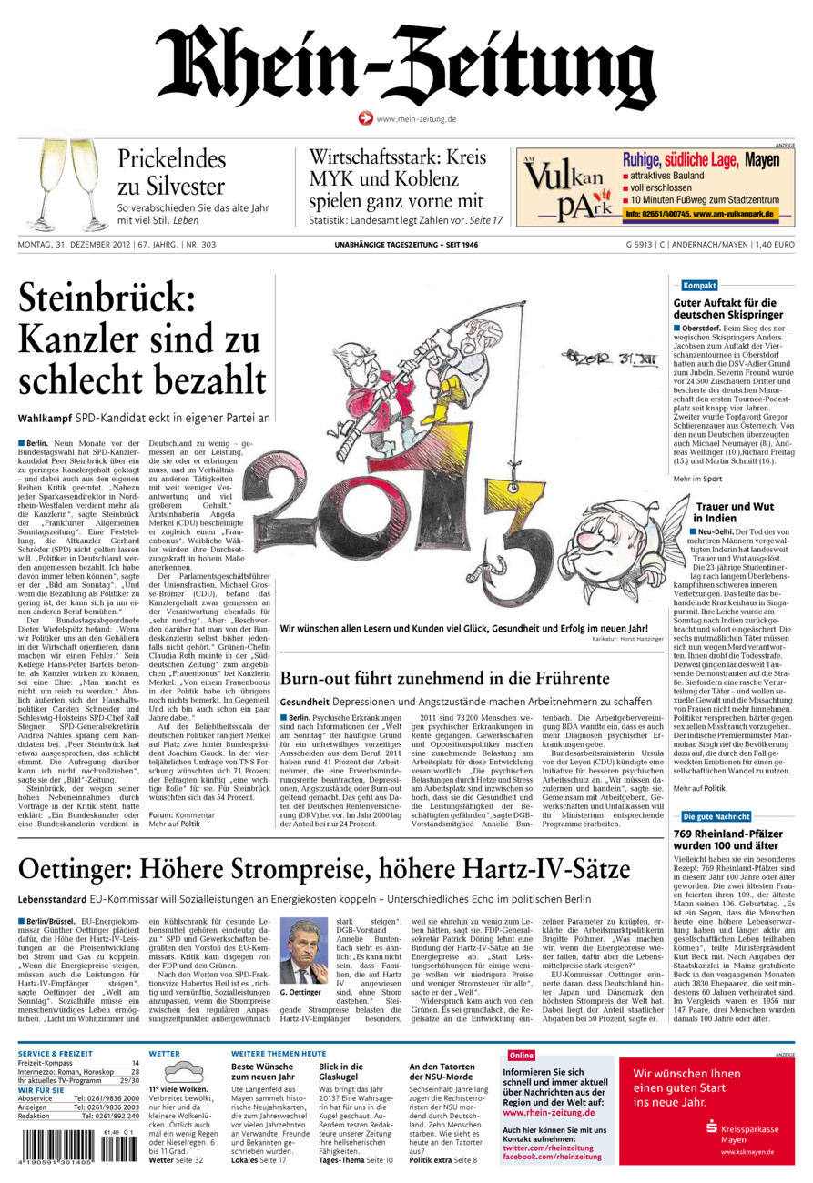Rhein-Zeitung Andernach & Mayen vom Montag, 31.12.2012