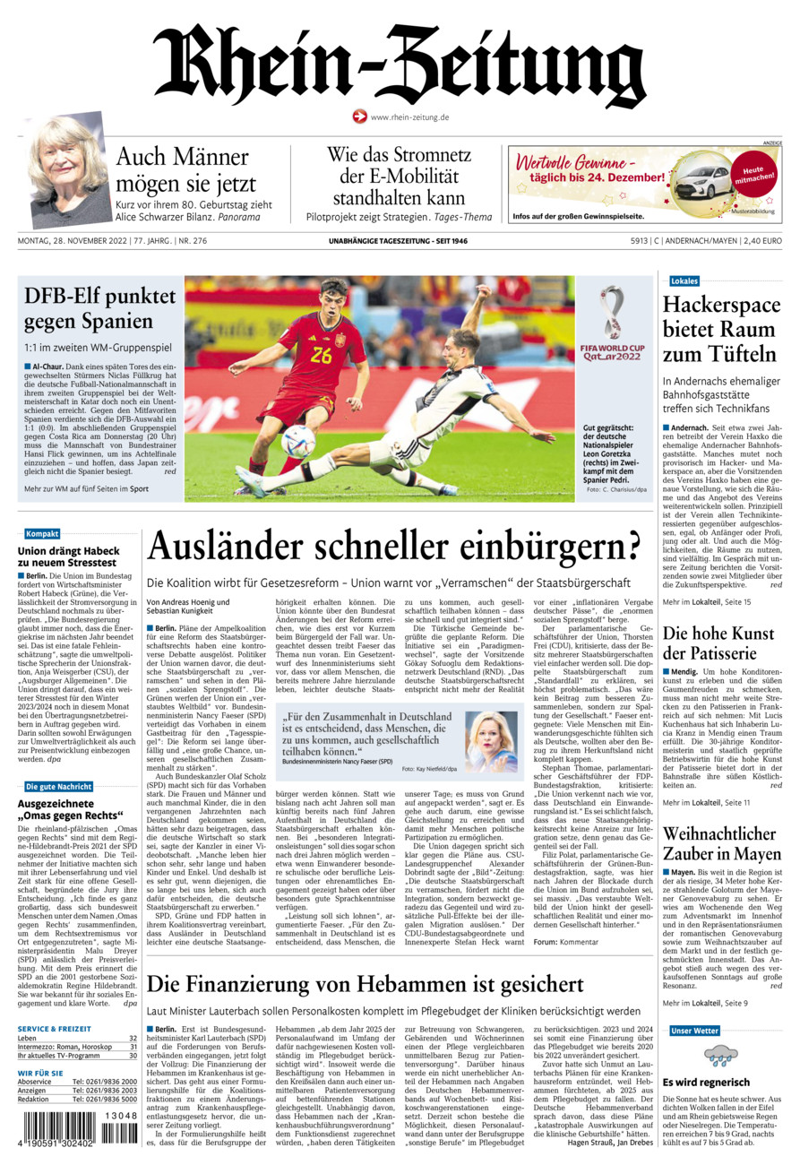 Rhein-Zeitung Andernach & Mayen vom Montag, 28.11.2022