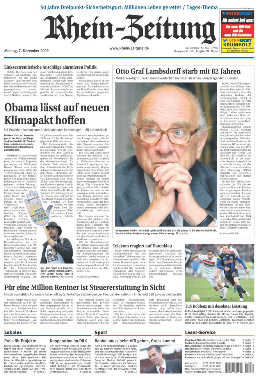 Rhein-Zeitung Andernach & Mayen vom Montag, 07.12.2009