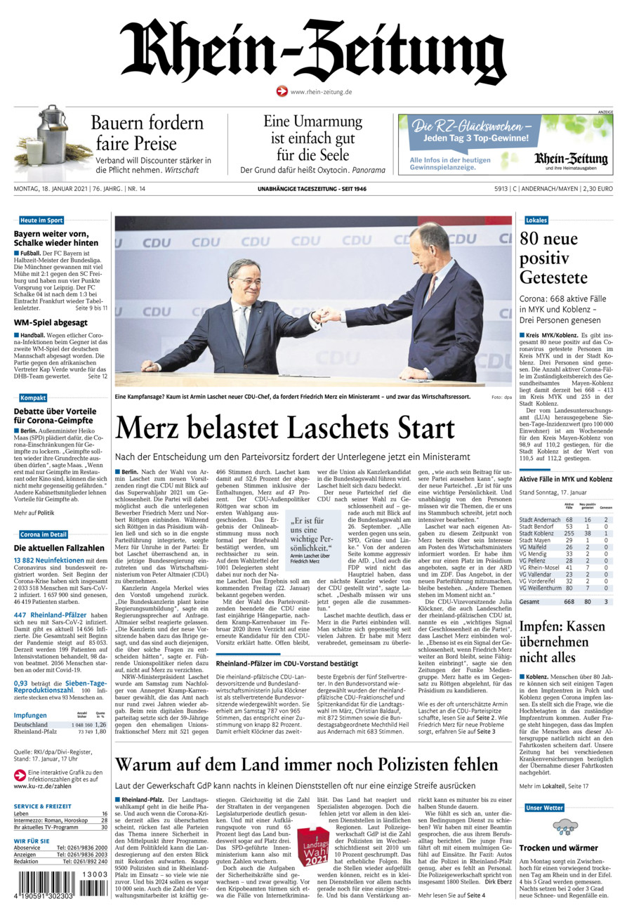 Rhein-Zeitung Andernach & Mayen vom Montag, 18.01.2021