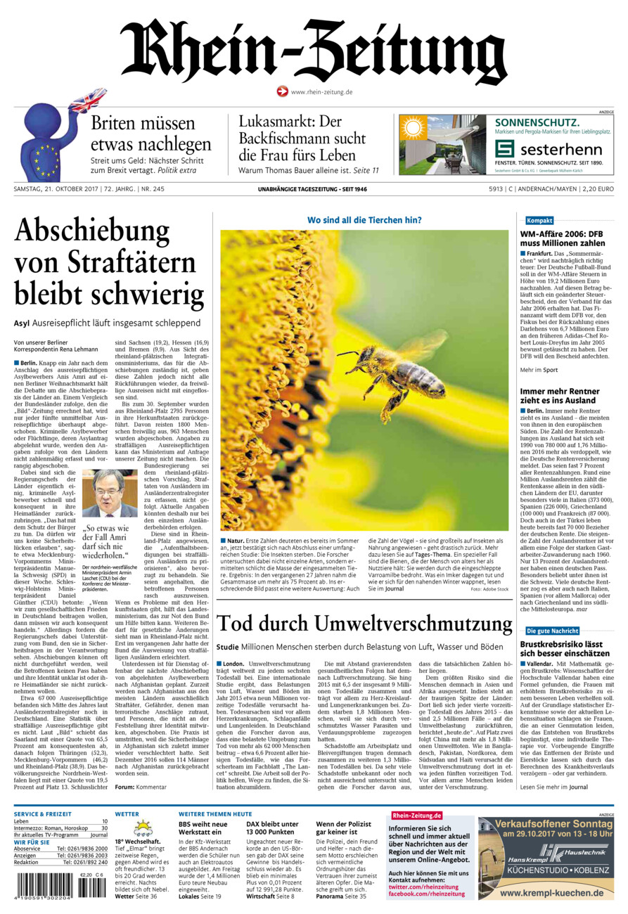Rhein-Zeitung Andernach & Mayen vom Samstag, 21.10.2017