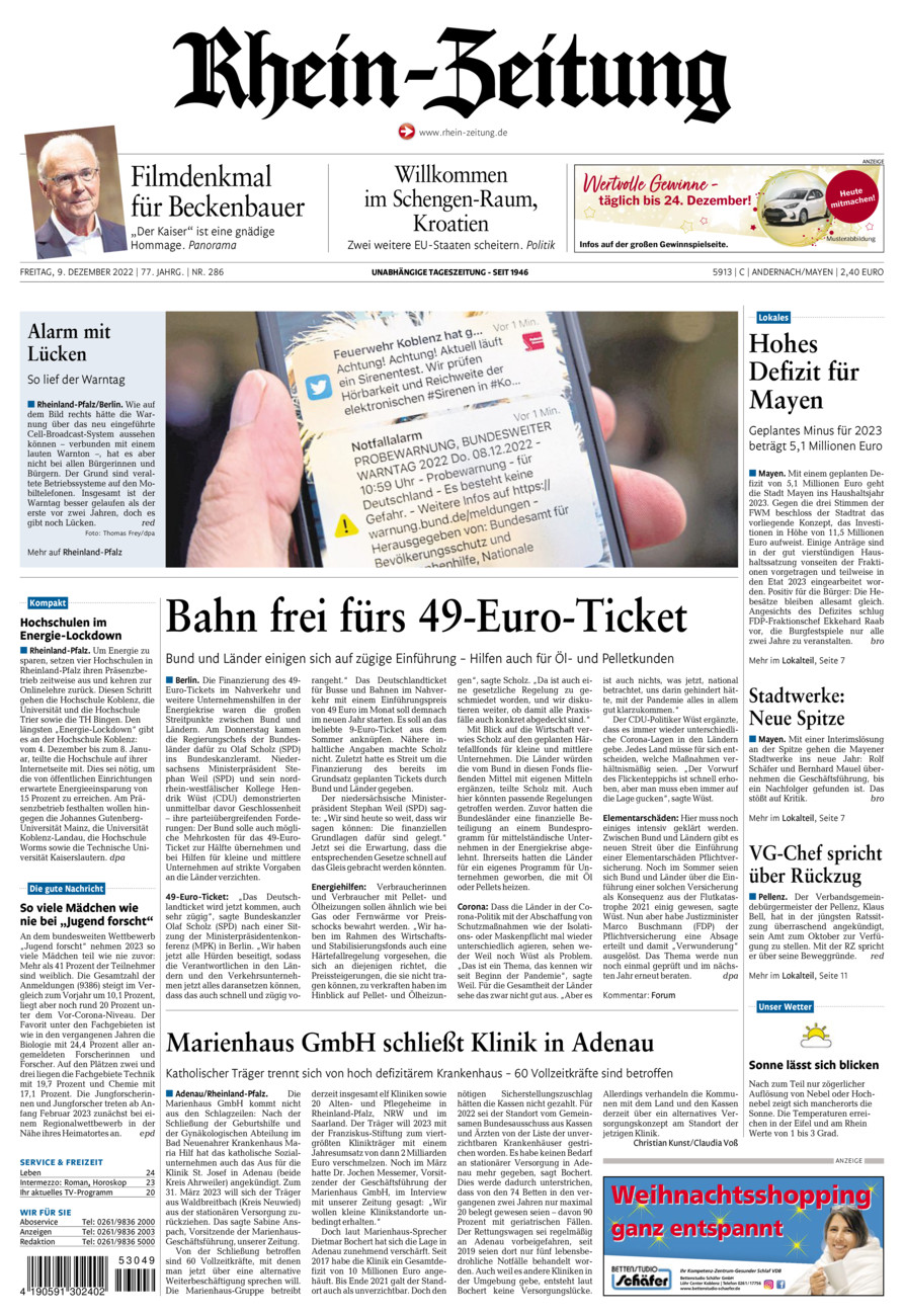 Rhein-Zeitung Andernach & Mayen vom Freitag, 09.12.2022