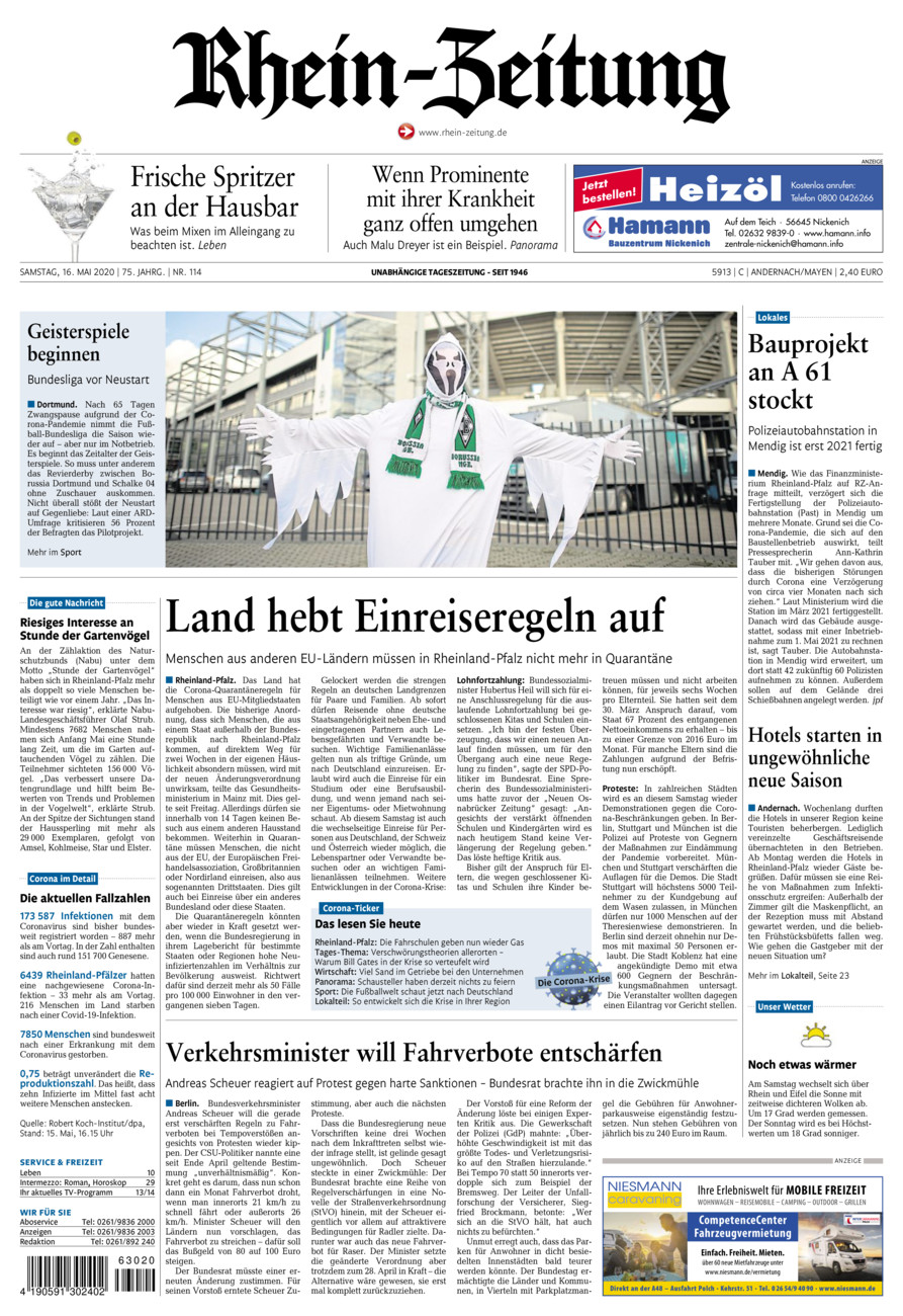 Rhein-Zeitung Andernach & Mayen vom Samstag, 16.05.2020
