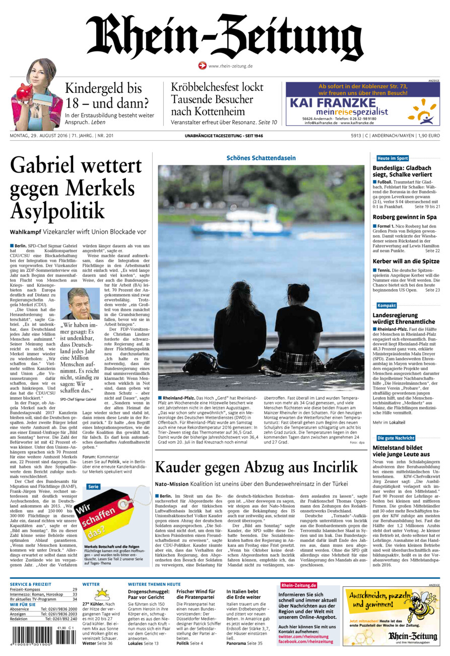 Rhein-Zeitung Andernach & Mayen vom Montag, 29.08.2016
