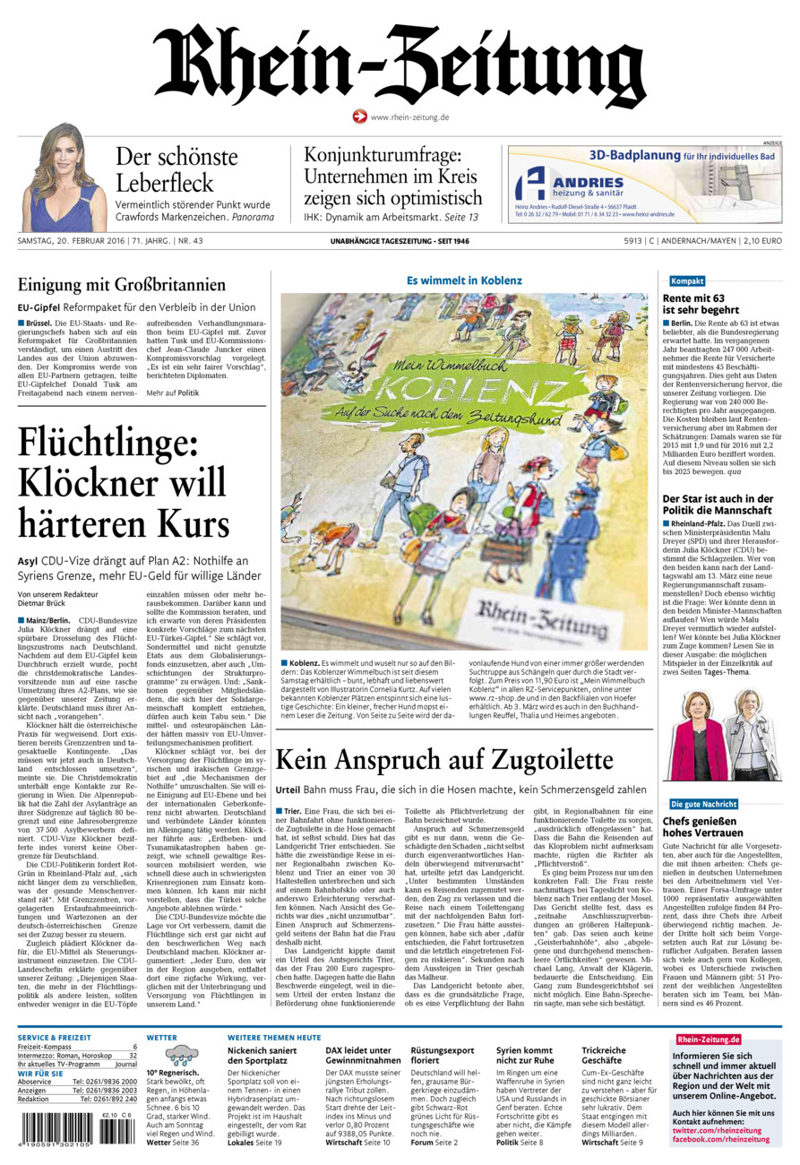 Rhein-Zeitung Andernach & Mayen vom Samstag, 20.02.2016