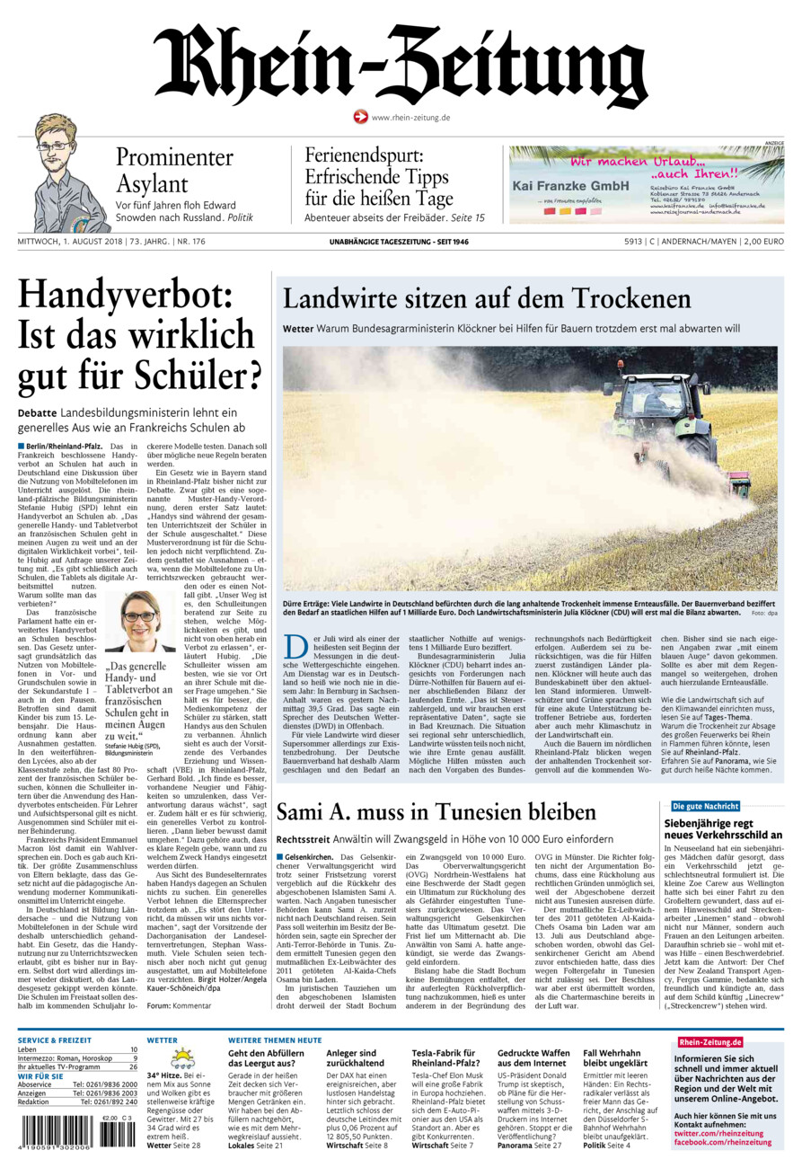 Rhein-Zeitung Andernach & Mayen vom Mittwoch, 01.08.2018