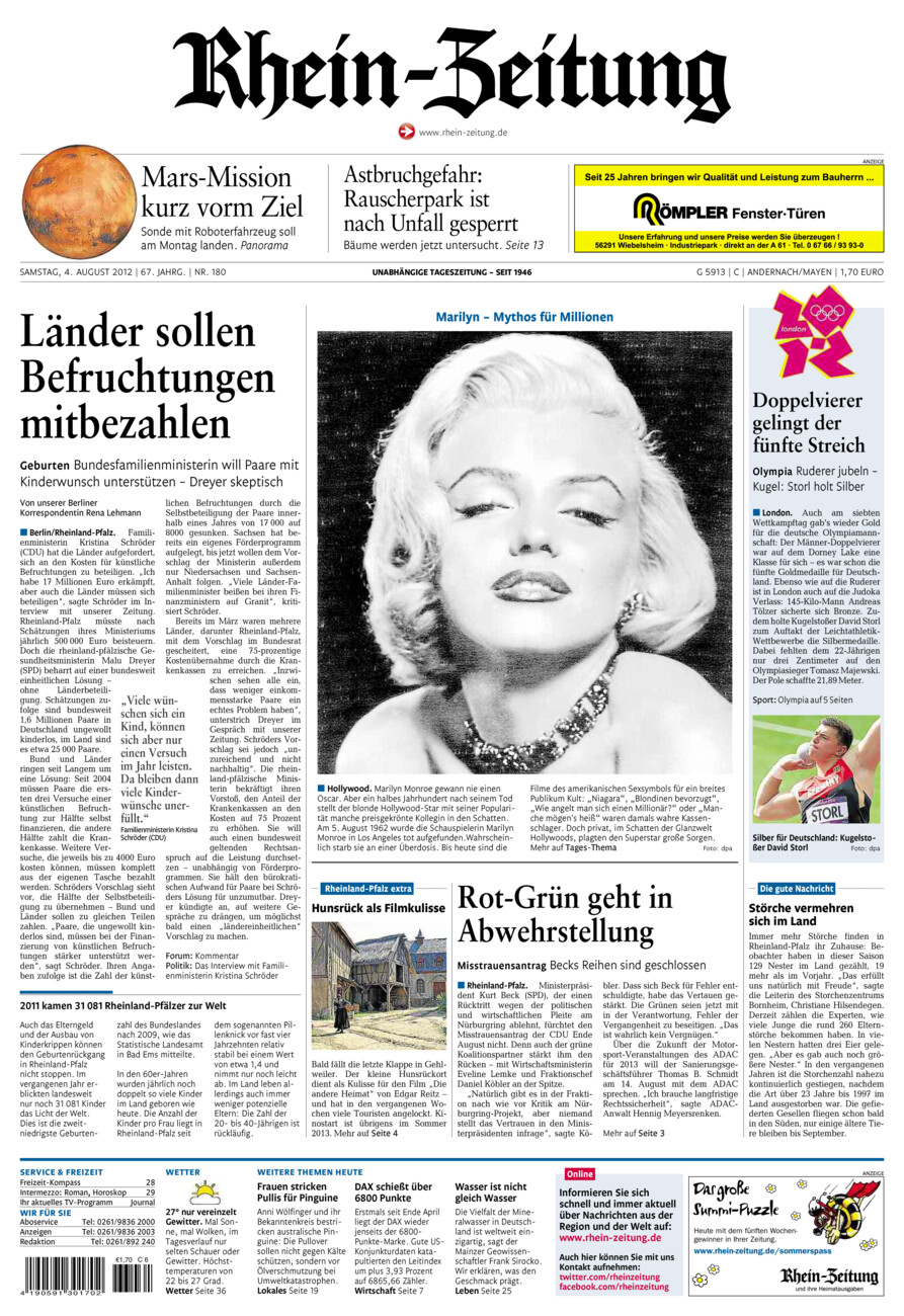 Rhein-Zeitung Andernach & Mayen vom Samstag, 04.08.2012