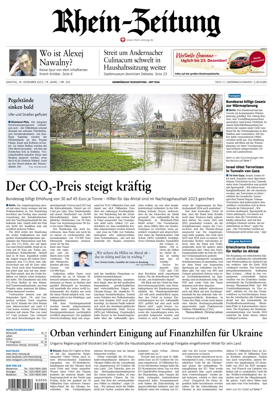 Rhein-Zeitung Andernach & Mayen vom Samstag, 16.12.2023