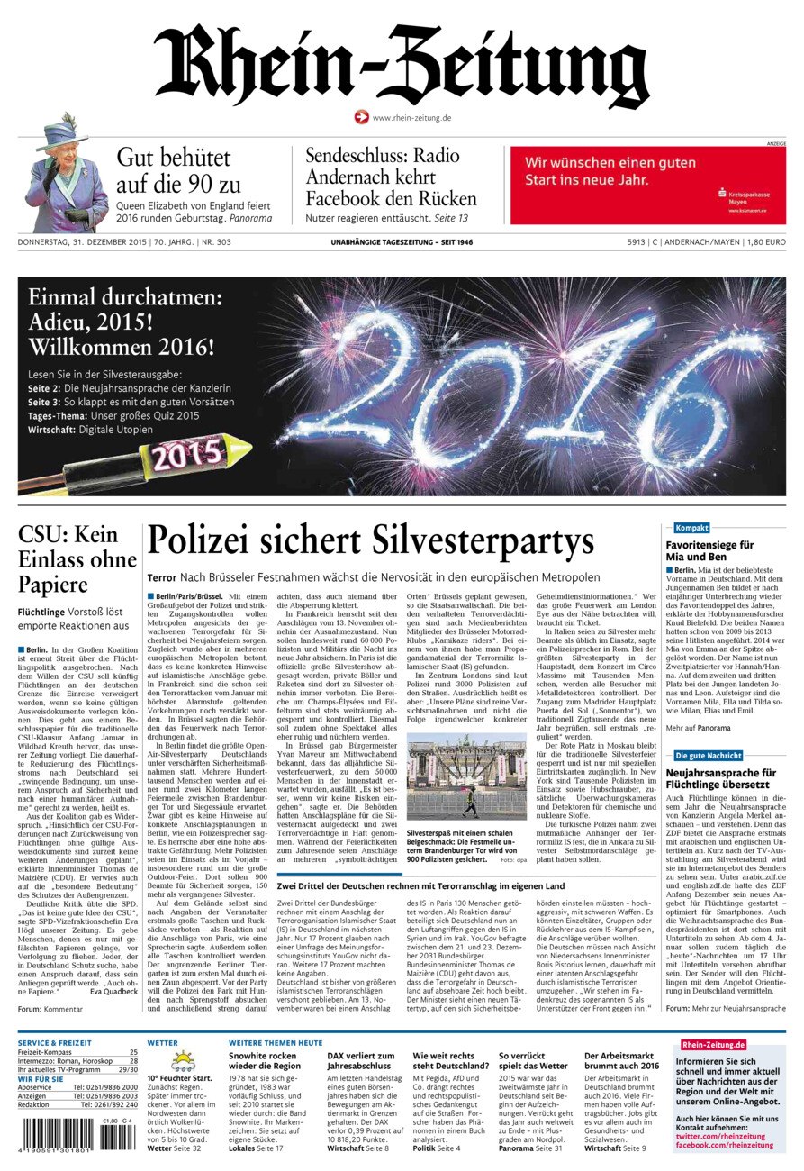 Rhein-Zeitung Andernach & Mayen vom Donnerstag, 31.12.2015