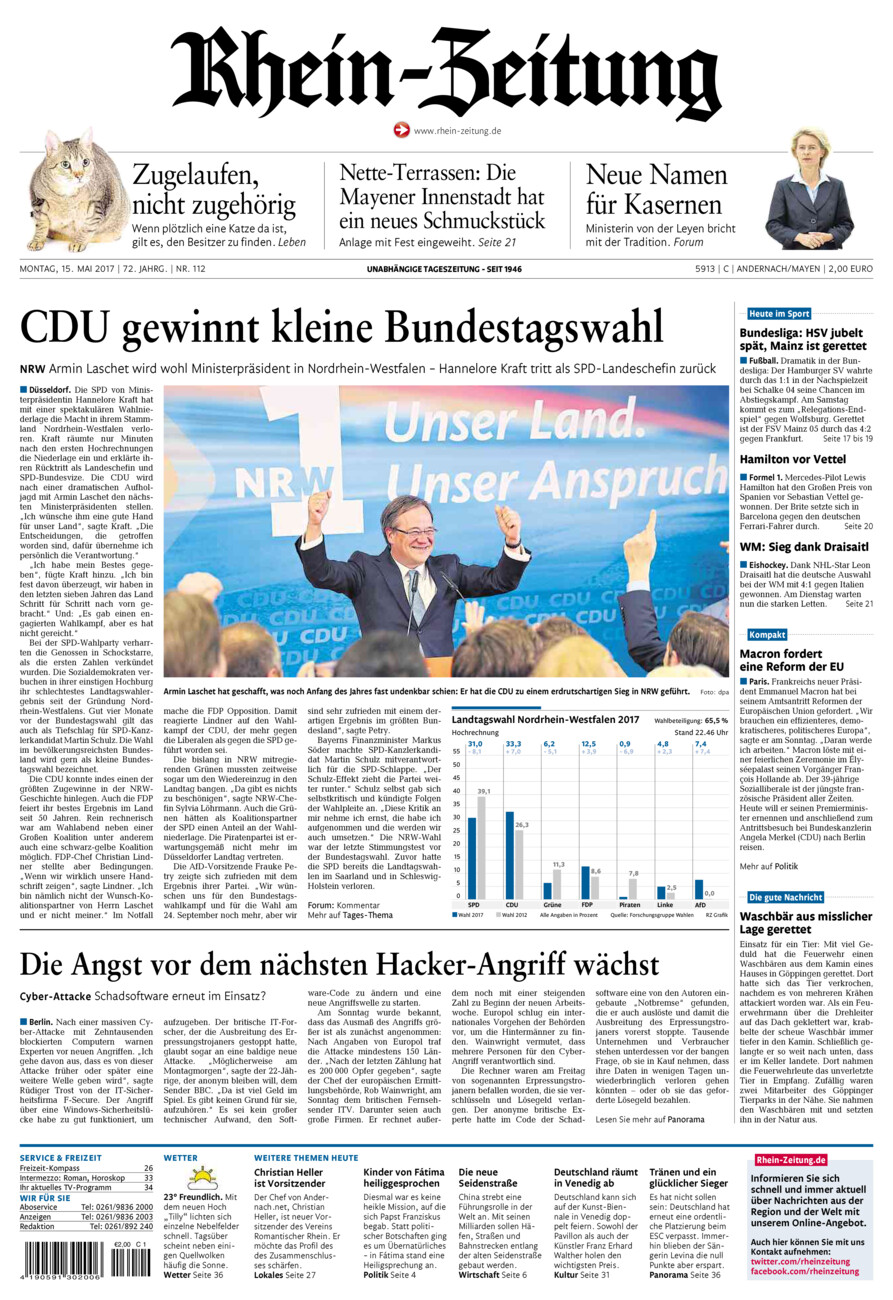 Rhein-Zeitung Andernach & Mayen vom Montag, 15.05.2017