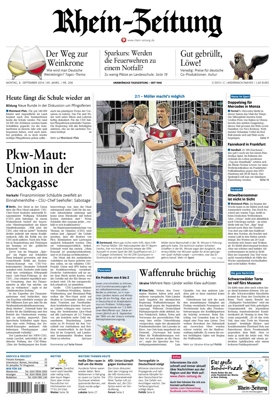 Rhein-Zeitung Andernach & Mayen vom Montag, 08.09.2014