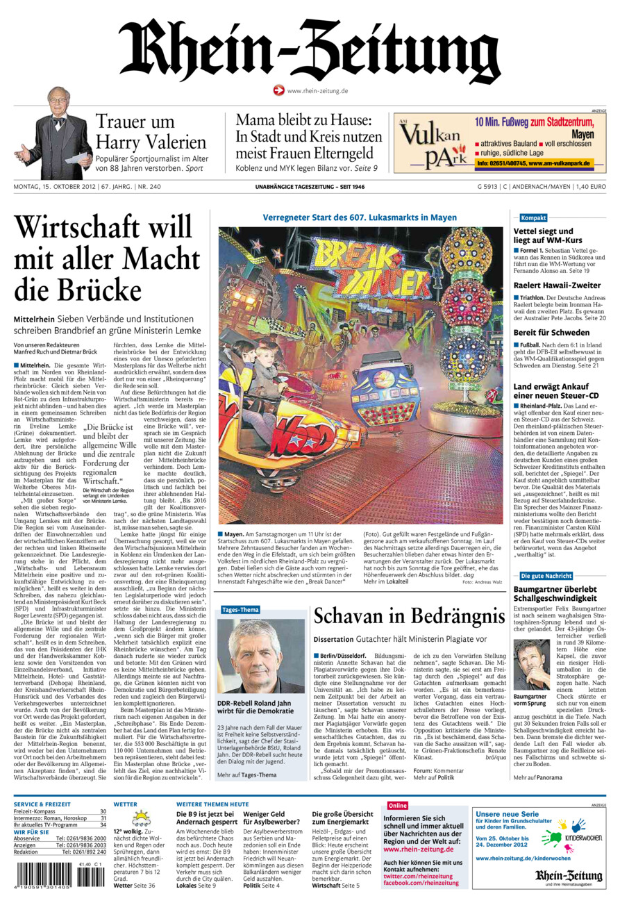 Rhein-Zeitung Andernach & Mayen vom Montag, 15.10.2012
