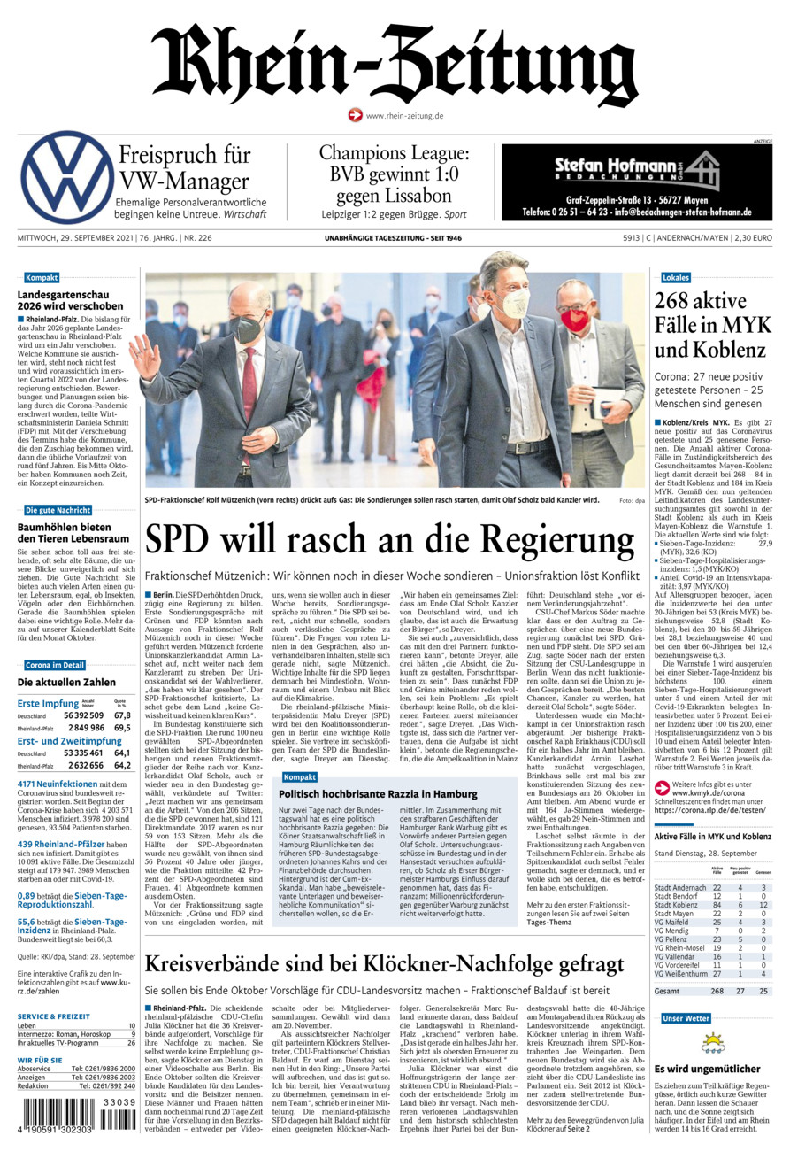 Rhein-Zeitung Andernach & Mayen vom Mittwoch, 29.09.2021