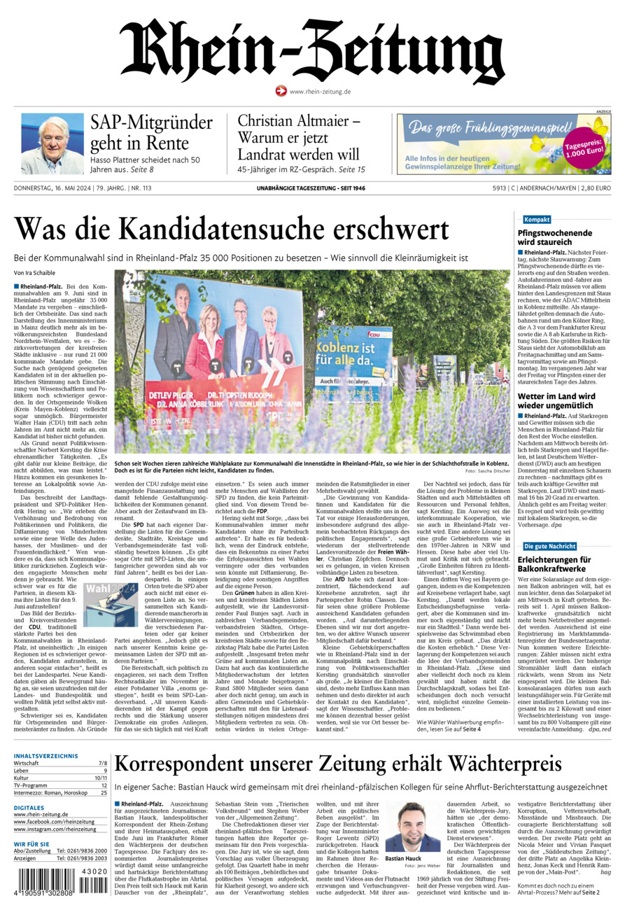 Rhein-Zeitung Andernach & Mayen vom Donnerstag, 16.05.2024
