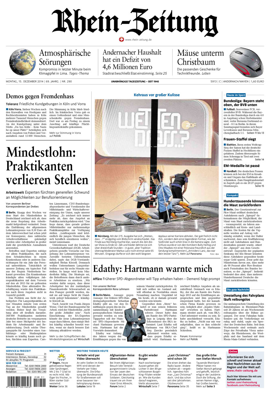 Rhein-Zeitung Andernach & Mayen vom Montag, 15.12.2014