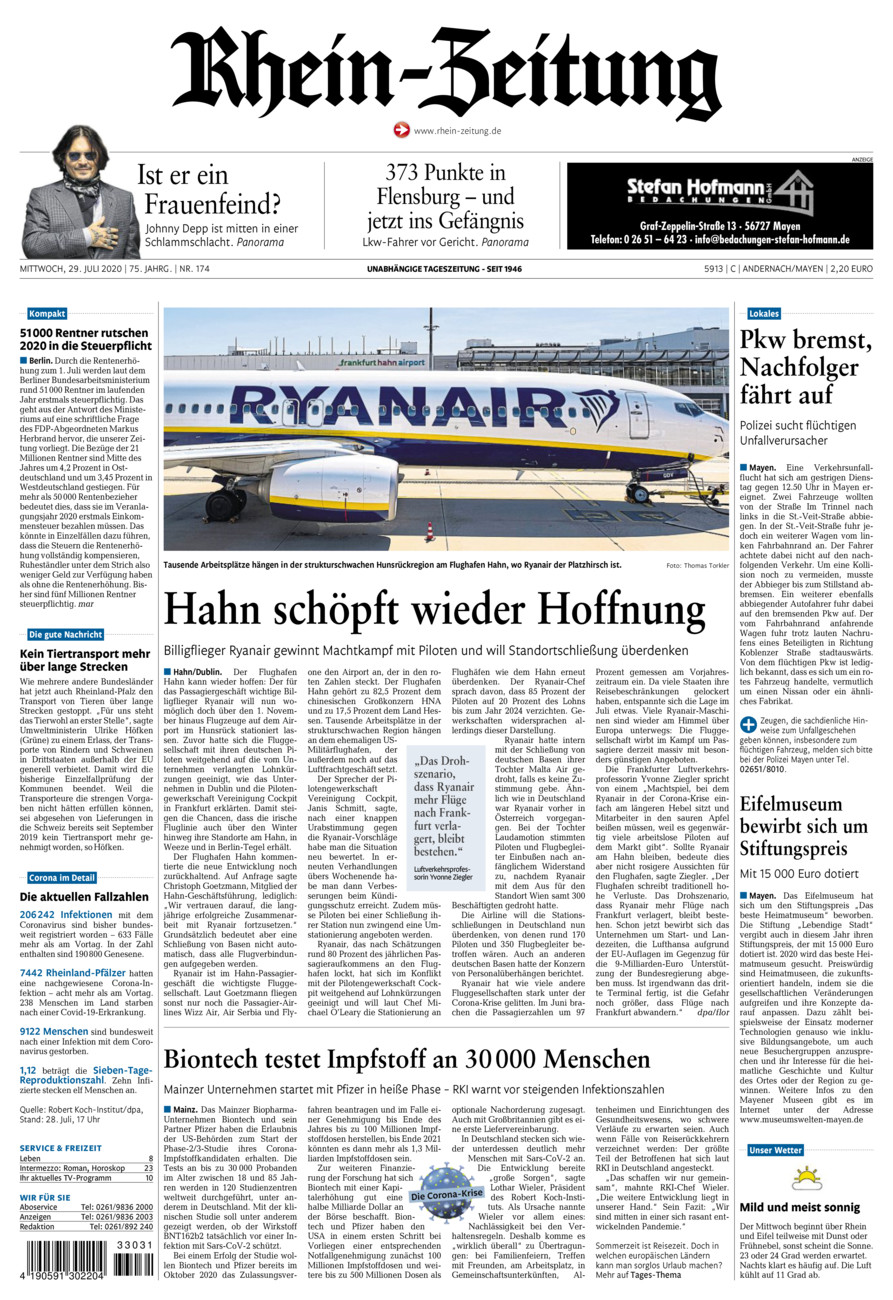 Rhein-Zeitung Andernach & Mayen vom Mittwoch, 29.07.2020