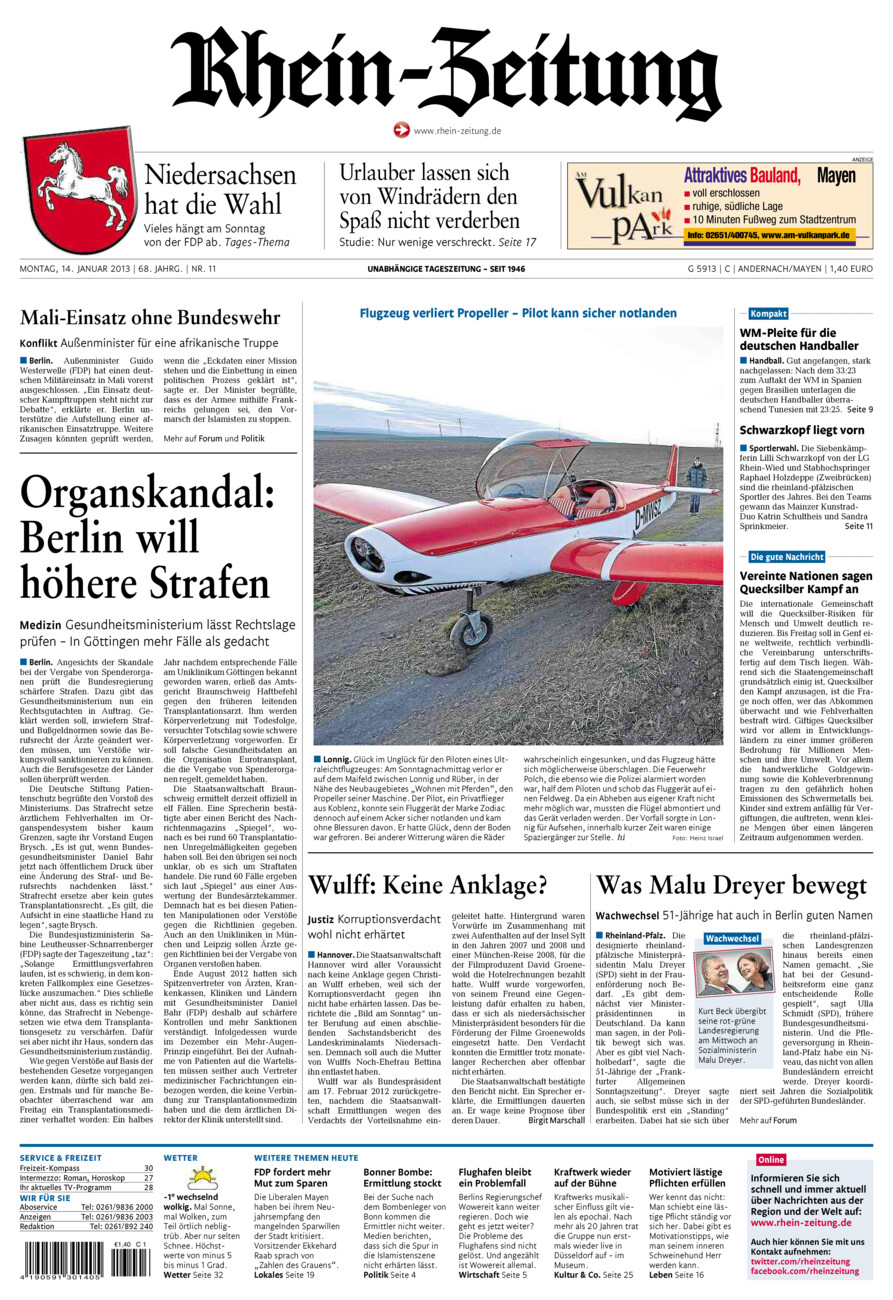 Rhein-Zeitung Andernach & Mayen vom Montag, 14.01.2013