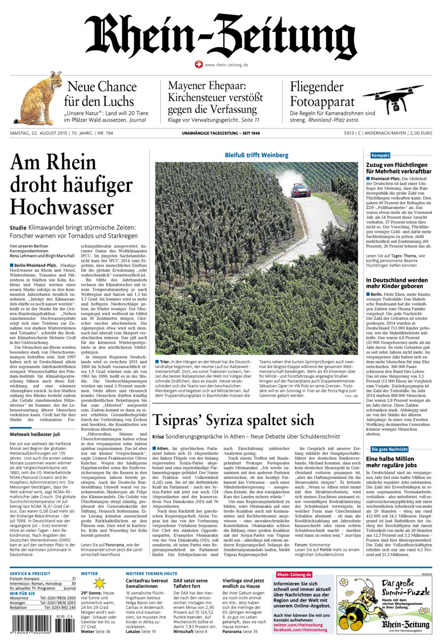 Rhein-Zeitung Andernach & Mayen vom Samstag, 22.08.2015