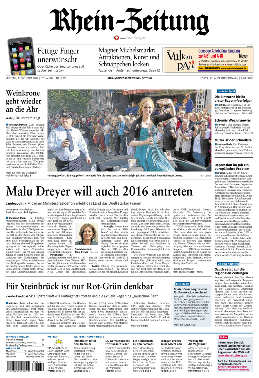 Rhein-Zeitung Andernach & Mayen vom Montag, 01.10.2012