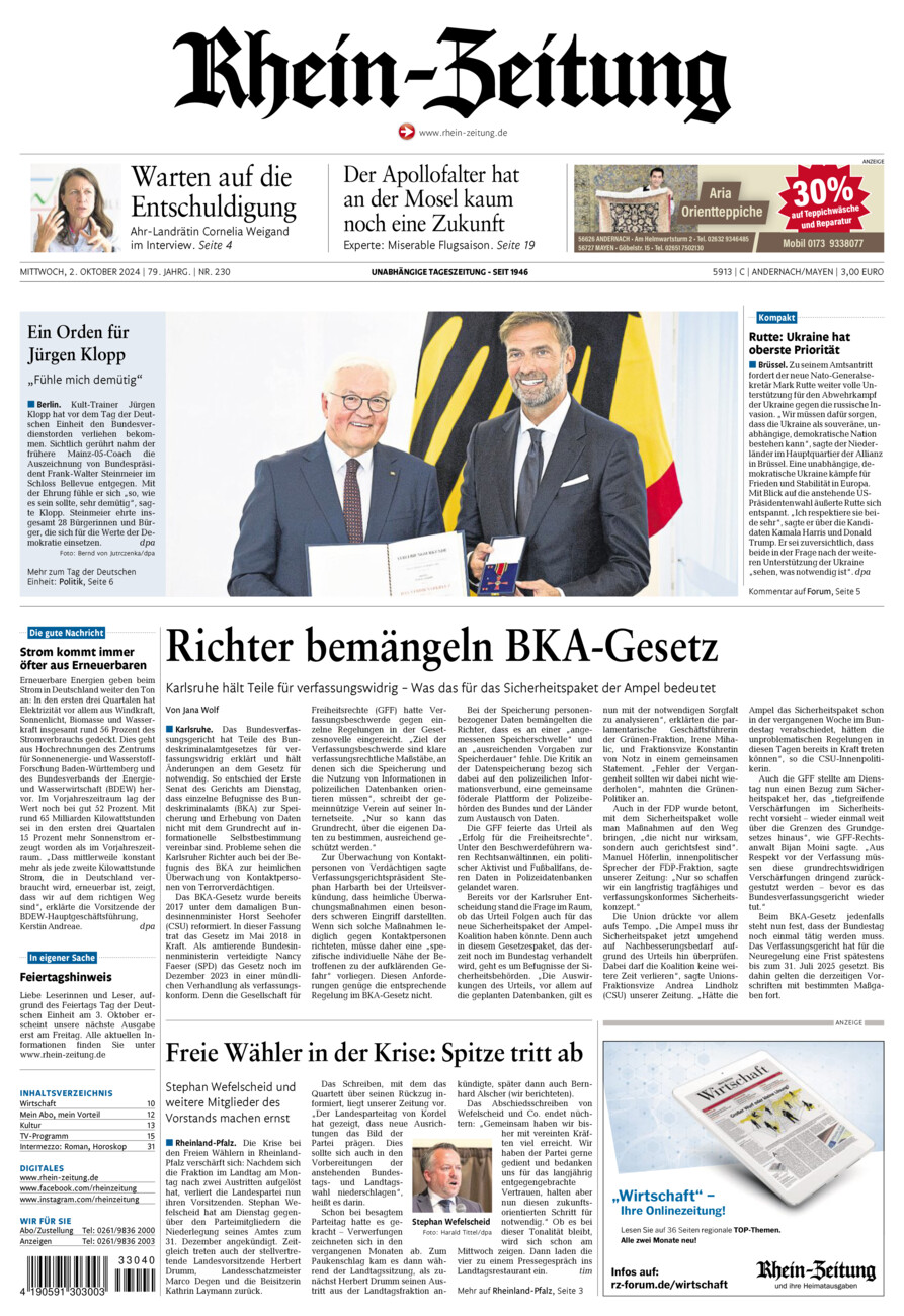 Rhein-Zeitung Andernach & Mayen vom Mittwoch, 02.10.2024