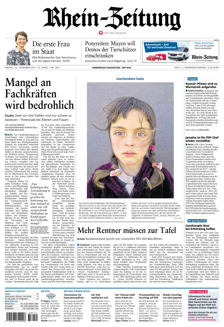 Rhein-Zeitung Andernach & Mayen vom Freitag, 22.12.2017