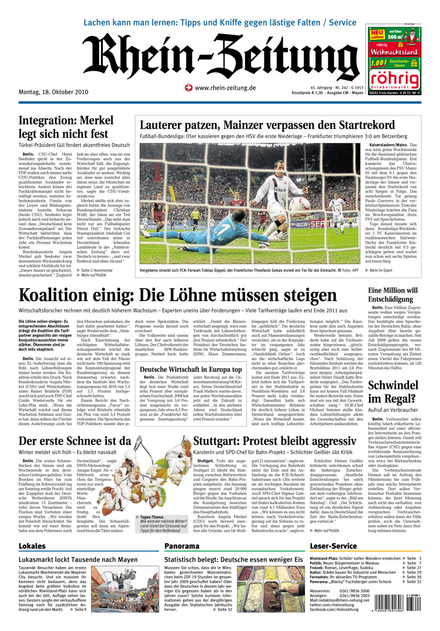Rhein-Zeitung Andernach & Mayen vom Montag, 18.10.2010