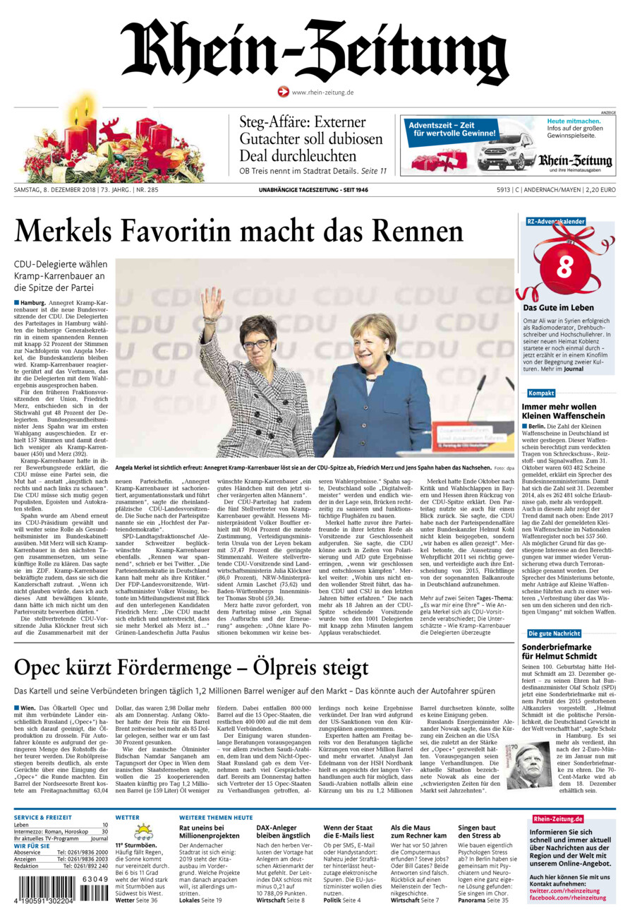 Rhein-Zeitung Andernach & Mayen vom Samstag, 08.12.2018