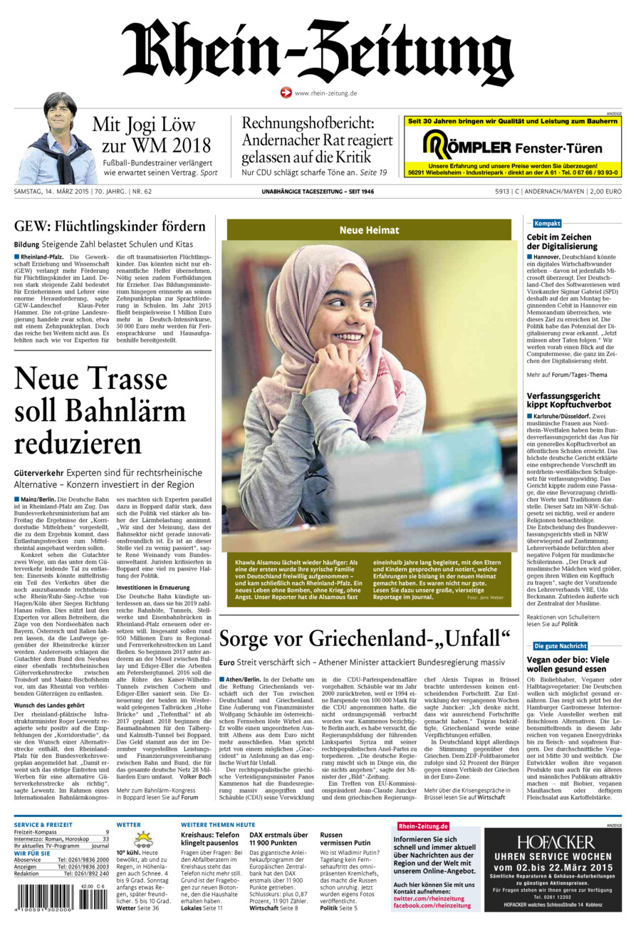 Rhein-Zeitung Andernach & Mayen vom Samstag, 14.03.2015