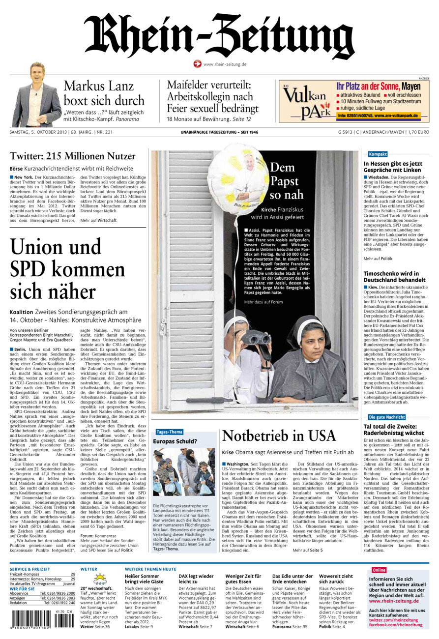 Rhein-Zeitung Andernach & Mayen vom Samstag, 05.10.2013
