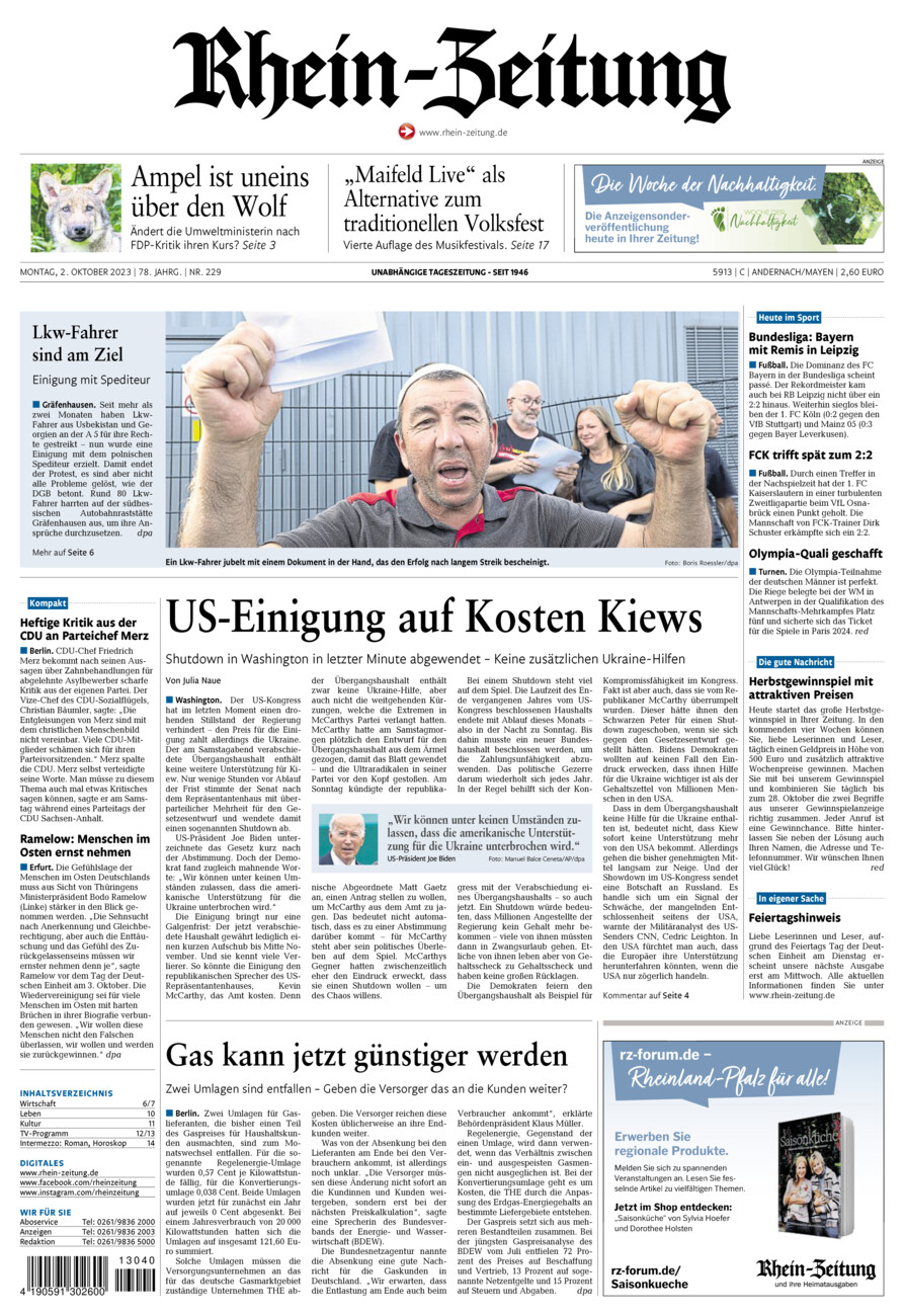 Rhein-Zeitung Andernach & Mayen vom Montag, 02.10.2023